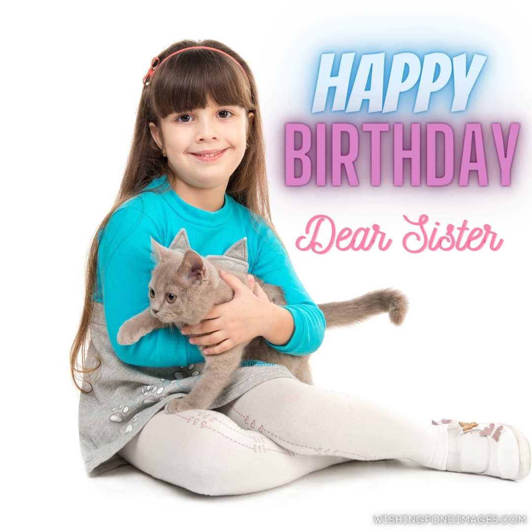 Cute little girl sitting on the floor with a cat in her hands on white background. Happy Birthday Si